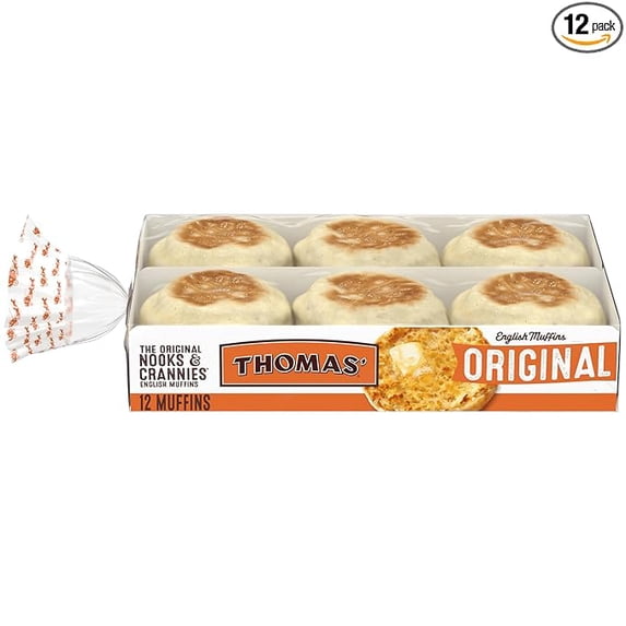 Pack 1 Thomas' Original English Muffins, 12 Count, (6 Ct Each), Plain English Muffins, 26 Oz Tray