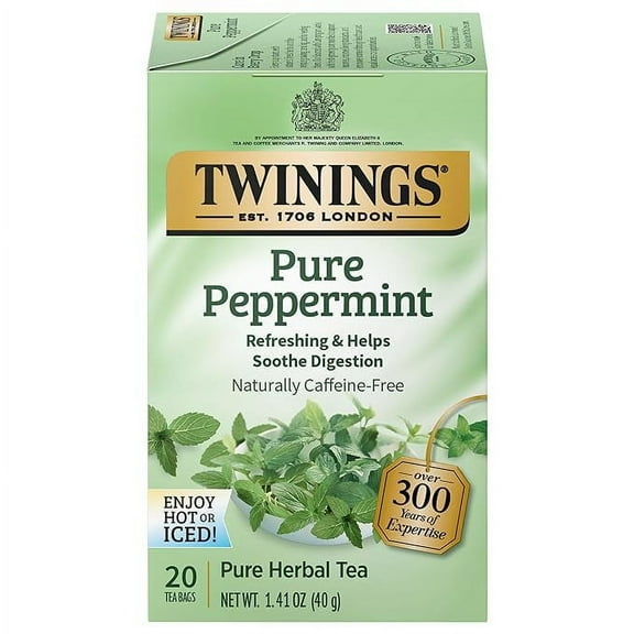 Pack of 1 Twinings Pure Peppermint Individually Wrapped Tea Bags, 20 Count (Pack of 1), Fresh Minty Flavour, Naturally Caffeine Free, Enjoy Hot or Iced