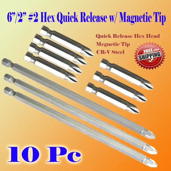 Pack 10 6"/2" Phillips #2 Screw Driver Bit Quick Release Hex Shank Magnetic Tip