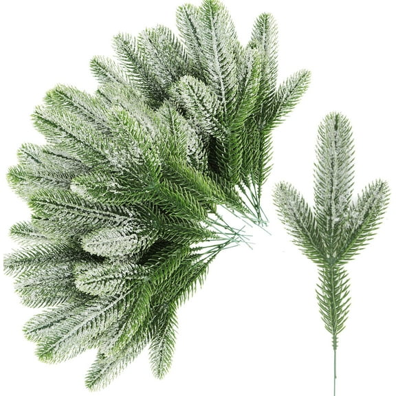 Pack of 10 Christmas Snowy Pine Tree Picks, 10 Inch Artificial Pine Needles Branches Winter Fake Frosted Pine Stems Twigs for Christmas DIY Crafts Wreath Holiday Decor