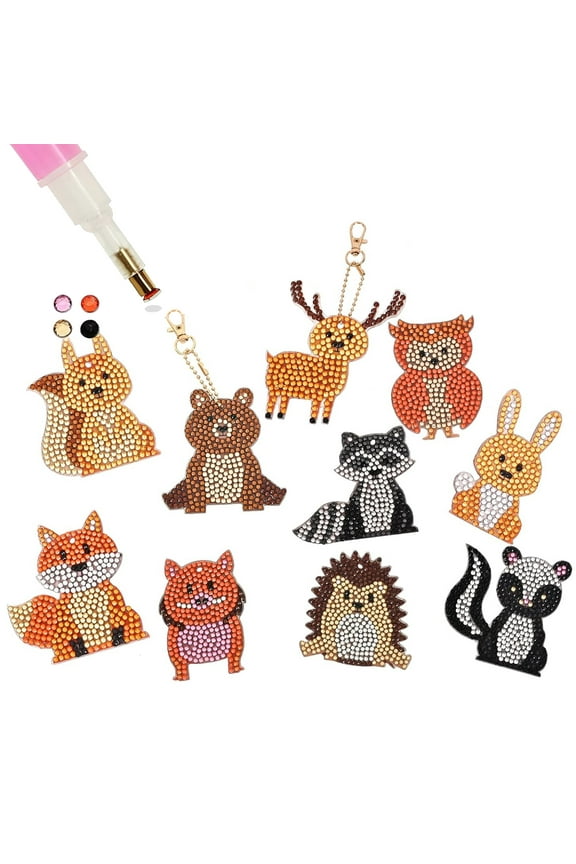 Pack of 10 Diamond Painting Key Chain Pendants 5D Autumn Animal Diamond Painting Double Sided Diamond Painting DIY Kit Thanksgiving Harvest Halloween Hanging Decoration Gift