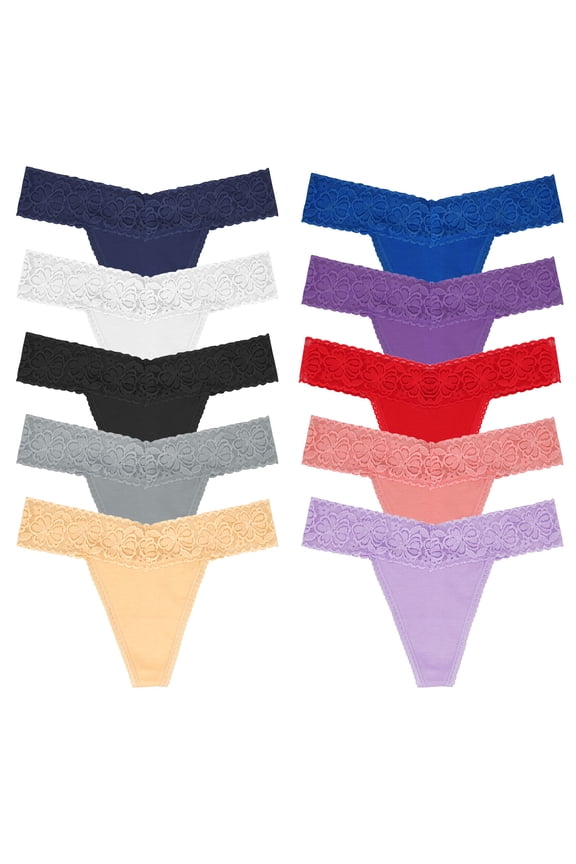 Pack 10 Lace Thongs Underwear For Women Lacy Panties Low Waist T Back Soft Stretch Cotton Lace Womens Thong Size 4XL