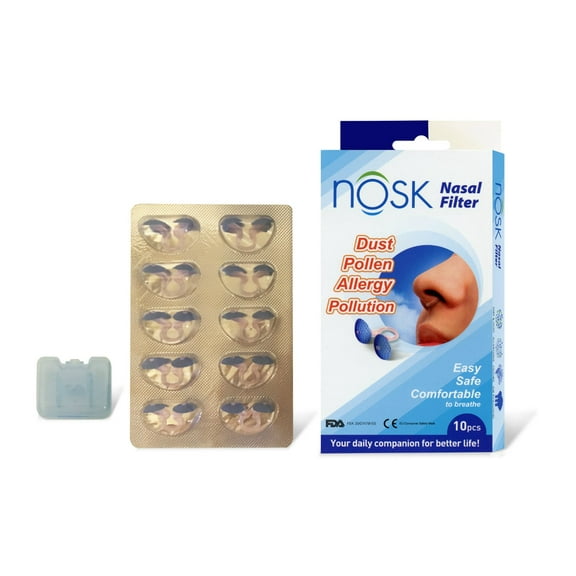 Pack of 10 Nosk Nasal Filter & Retainer Container Dust Pollen Allergen Pollution Relief Breathable Nose Filter Reducing Airborne Virus Germ , Allergens, Hay Fever, Pollen and Dust Regular Medium Size