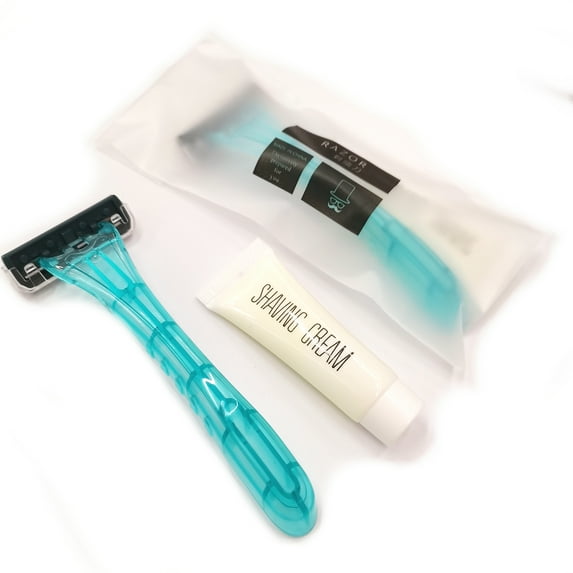 Pack of 10, Travel Size Manual 3Layer Stainless Steel Blue Blade Shaver and 10G Shaving Cream Set for Hotel Supplies,Beard,Personal Skin Care,Hair Removal