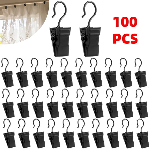 Pack of 100 Curtain Clips, Black Curtain Clips with Hooks, Stainless Steel Small Curtain Clips, Metal Curtain Clips, Hanging Curtain Clip for Bedroom, Home Decoration
