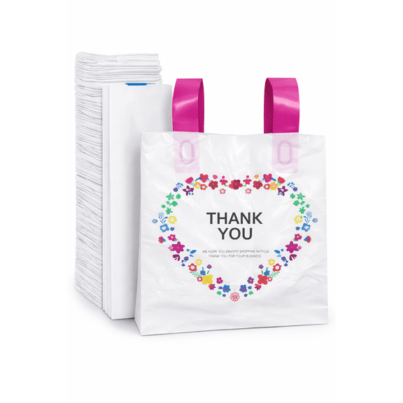 Pack 100 Pieces floral Thank You Merchandise Bags, Die Cut Handles, Retail Shopping Bags for Boutique, Goodie Bags, Gift Bags Bulk, Favors, Reusable Plastic Bags 40cmx30cm