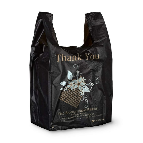 Black Thank You T-Shirt Bags, Oxo-Biodegradable, 1000 Count, 10 x 6 x 18 in