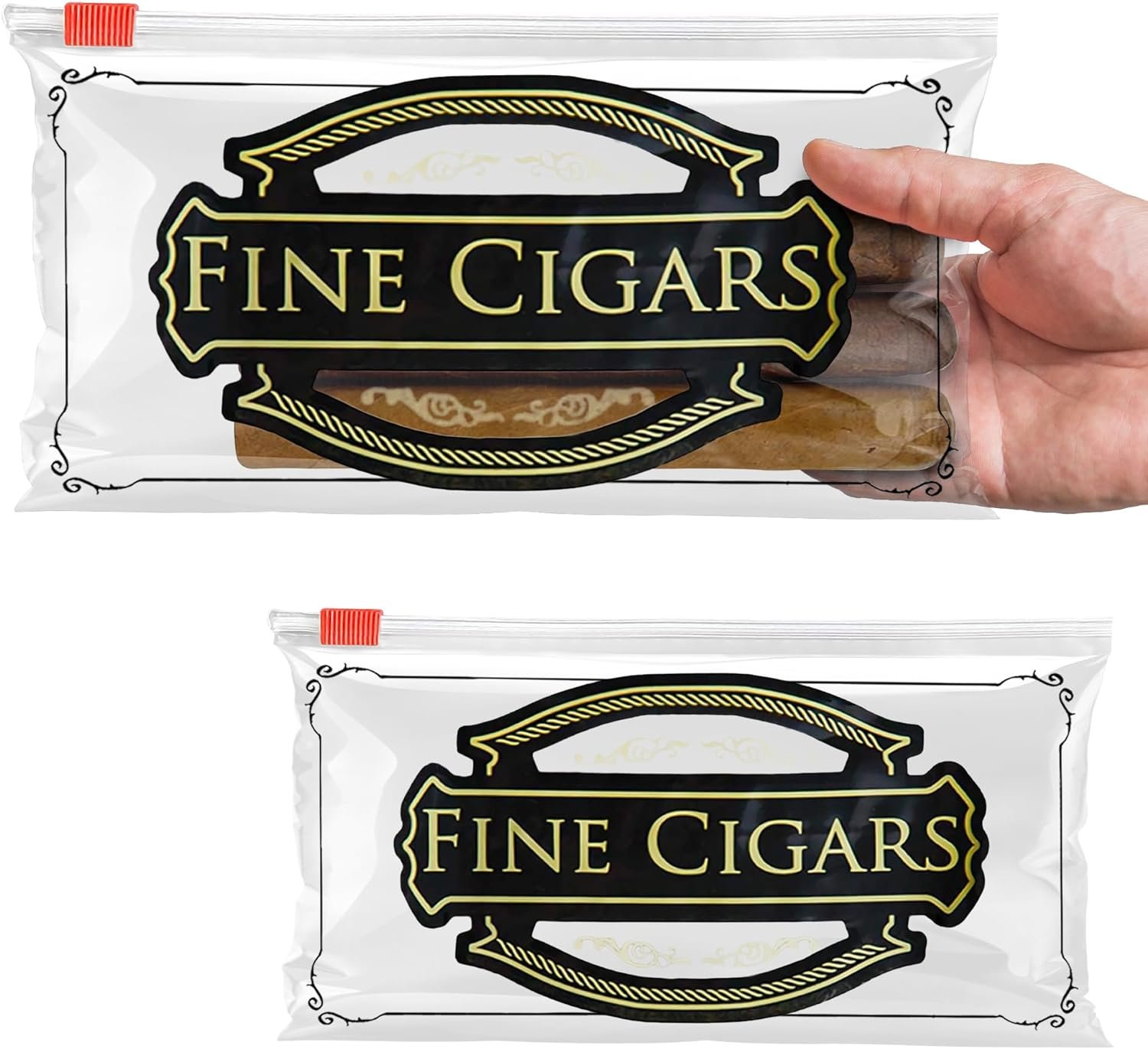 Pack of 1000 Slide Seal Closure Cigar Bags 10 x 5. Printed "Fine Cigars" Clear Plastic Bags 10x5