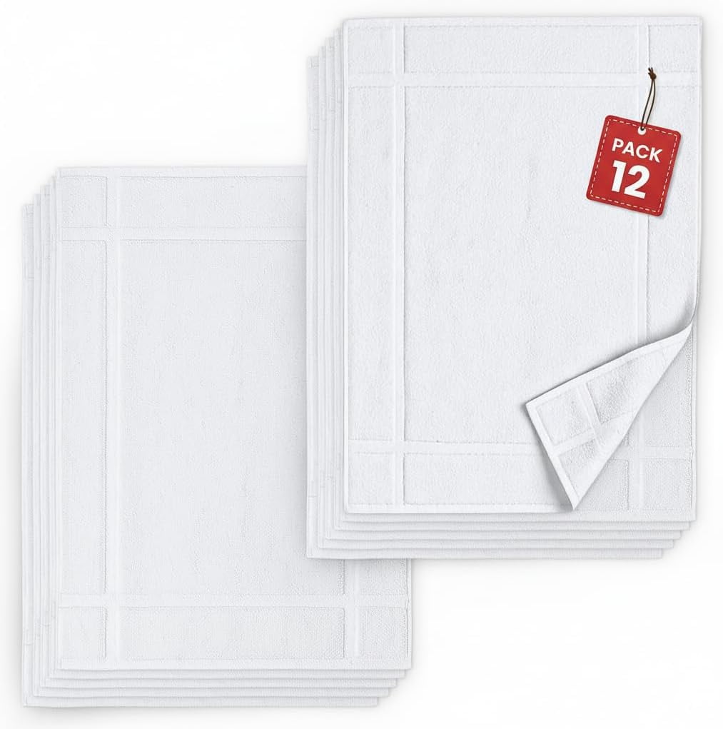 Pack of 12 100% Cotton Bath Mat 18x25 inches, Soft & Absorbent Quick Dry Bathroom Mat Set, Not Bathroom Rugs, After Shower Mat, Bath Tub Mat, 687 GSM, Machine Washable, White