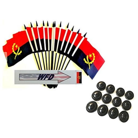 Pack of 12 4"x6" Angola Polyester Miniature Office Desk & Little Table Flags, 1 Dozen 4"x 6" Angolan Small Mini Handheld Waving Stick Flags with 12 Flag Bases (Flags with Stands)