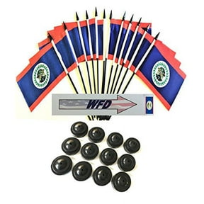Pack of 12 4"x6" Belize Polyester Miniature Office Desk & Little Table Flags, 1 Dozen 4"x 6" Belize Small Mini Handheld Waving Stick Flags with 12 Flag Bases (Flags with Stands)