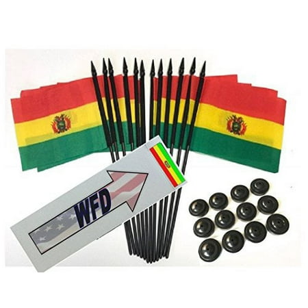 Pack of 12 4"x6" Bolivia Polyester Miniature Desk & Little Table Flags, 1 Dozen 4"x 6" Bolivian Small Mini Hand Waving Stick Flags with 12 Flag Bases (Flags with Stands)