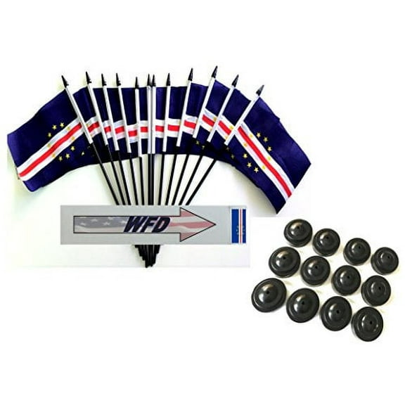 Pack of 12 4"x6" Cape Verde Polyester Miniature Office Desk & Little Table Flags, 1 Dozen 4"x 6" Cape Verde Small Mini Handheld Waving Stick Flags with 12 Flag Bases (Flags with Stands)