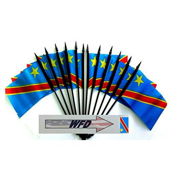 Pack of 12 4"x6" Democratic Republic of Congo Polyester Miniature Office Desk & Little Table Flags, 1 Dozen 4"x 6" Congolese Small Mini Hand Waving Stick Flags (Flags Only)