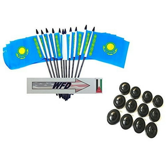 Pack of 12 4"x6" Kazakhstan Polyester Miniature Office Desk & Little Table Flags, 1 Dozen 4"x 6" Kazak Small Mini Handheld Waving Stick Flags with 12 Flag Bases (Flags with Stands)