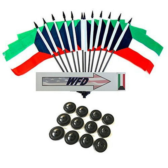 Pack of 12 4"x6" Kuwait Polyester Miniature Office Desk & Little Table Flags, 1 Dozen 4"x 6" Kuwaiti Small Mini Handheld Waving Stick Flags with 12 Flag Bases (Flags with Stands)