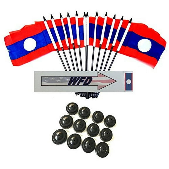 Pack of 12 4"x6" Laos Polyester Miniature Office Desk & Little Table Flags, 1 Dozen 4"x 6" Laotian Small Mini Handheld Waving Stick Flags with 12 Flag Bases (Flags with Stands)