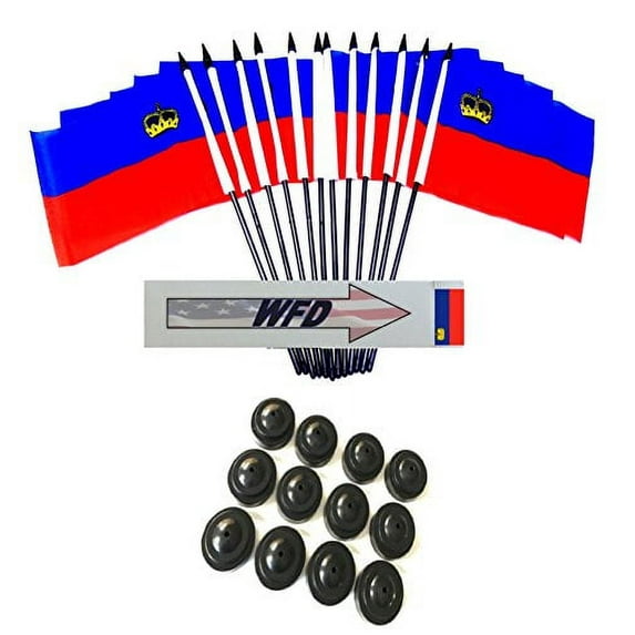 Pack of 12 4"x6" Liechtenstein Polyester Miniature Office Desk & Little Table Flags, 1 Dozen 4"x 6" Liechtenstein Small Mini Handheld Waving Stick Flags with 12 Flag Bases (Flags with Stands)