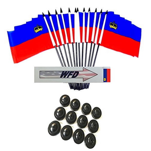 Pack of 12 4"x6" Liechtenstein Polyester Miniature Office Desk & Little Table Flags, 1 Dozen 4"x 6" Liechtenstein Small Mini Handheld Waving Stick Flags with 12 Flag Bases (Flags with Stands)