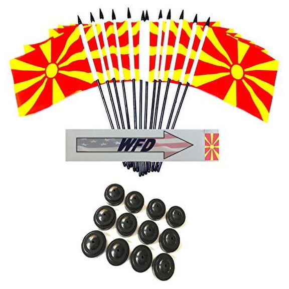 Pack of 12 4"x6" Macedonia Polyester Miniature Office Desk & Little Table Flags, 1 Dozen 4"x 6" Macedonian Small Mini Handheld Waving Stick Flags with 12 Flag Bases (Flags with Stands)