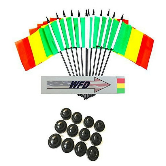 Pack of 12 4"x6" Mali Polyester Miniature Office Desk & Little Table Flags, 1 Dozen 4"x 6" Mali Small Mini Handheld Waving Stick Flags with 12 Flag Bases (Flags with Stands)