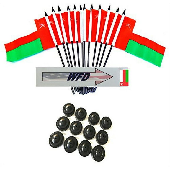 Pack of 12 4"x6" Oman Polyester Miniature Office Desk & Little Table Flags, 1 Dozen 4"x 6" Omani Small Mini Handheld Waving Stick Flags with 12 Flag Bases (Flags with Stands)