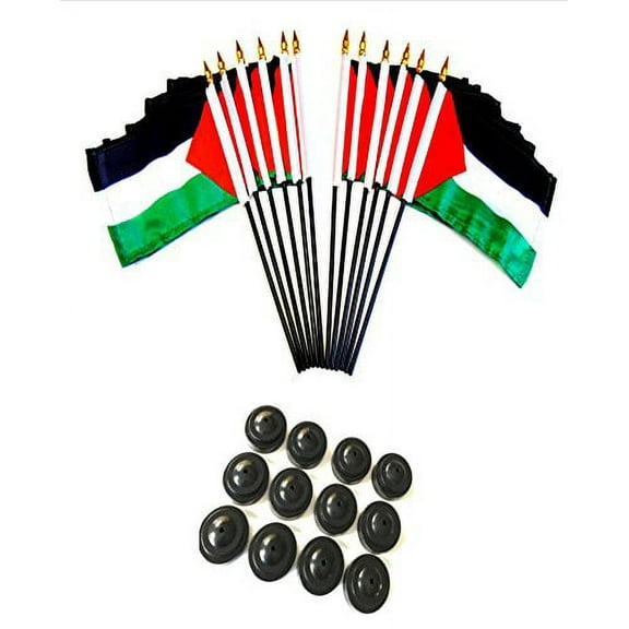 Pack of 12 4"x6" Palestine Polyester Miniature Office Desk & Little Table Flags, 1 Dozen 4"x 6" Palestinian Small Mini Handheld Waving Stick Flags with 12 Flag Bases (Flags with Stands)
