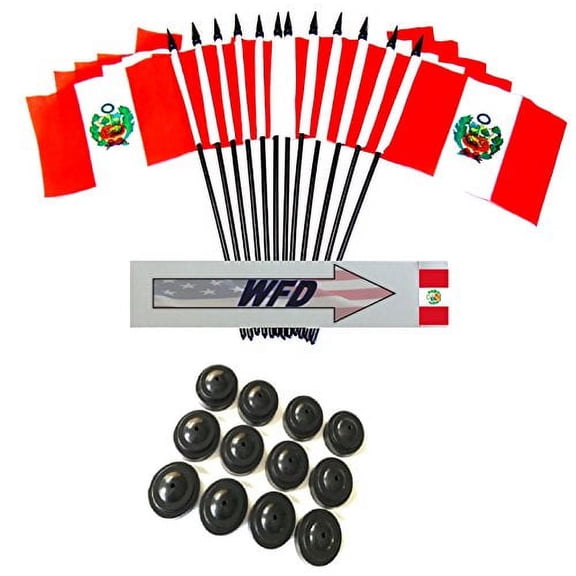 Pack of 12 4"x6" Peru Polyester Miniature Office Desk & Little Table Flags, 1 Dozen 4"x 6" Peruvian Small Mini Handheld Waving Stick Flags with 12 Flag Bases (Flags with Stands)
