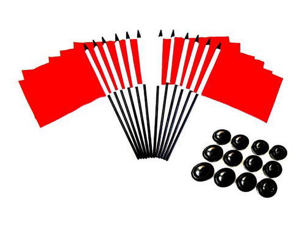 Pack of 12 4"x6" Red Polyester Miniature Office Desk & Little Table Flags, 1 Dozen 4x6 Red Small Mini Handheld Waving Stick Flags with 12 Flag Bases (Stands)