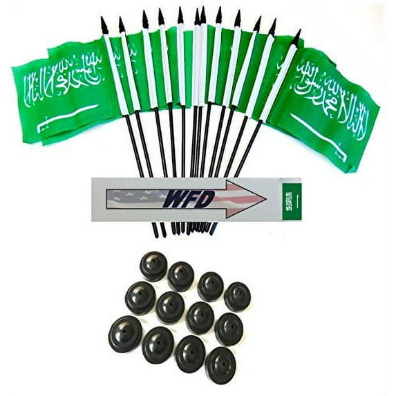 Pack of 12 4"x6" Saudi Arabia Polyester Miniature Office Desk & Little Table Flags, 1 Dozen 4"x 6" Saudi Arabian Small Mini Handheld Waving Stick Flags with 12 Flag Bases (Flags with Stands)