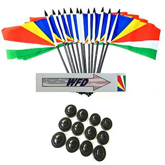 Pack of 12 4"x6" Seychelles Polyester Miniature Office Desk & Little Table Flags, 1 Dozen 4"x 6" Seychelles Small Mini Handheld Waving Stick Flags with 12 Flag Bases (Flags with Stands)