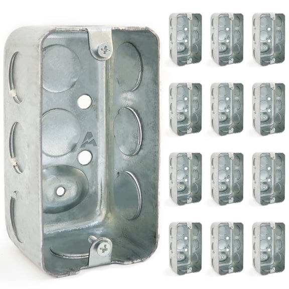 Pack of 12 4x2 Inch Utility Size Single Gang Electrical Box, Handy Box, Ten 1/2 Inch Knockouts, Raised Ground, 13 Cu. in. Capacity, 1-7/8" Deep, Galvanized Steel, Drawn Construction, Outlet Box,