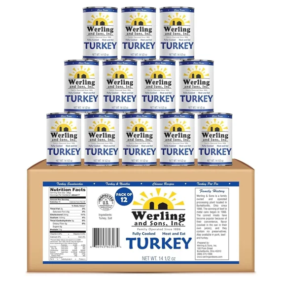 (Pack of 12 Cans) Werling & Sons Fully Cooked Canned Turkey Meat 14.5 Oz Heat & Eat Recipe Ready Canned Meat for Quick Meals, Camping, Emergency Canned Food & Survival Preparedness