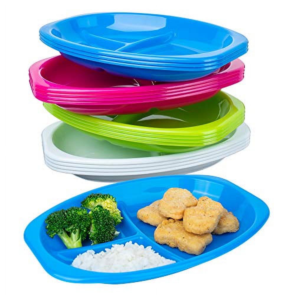 DilaBee 4-Compartment Divided Plastic Kids Tray - Set of 12 Plastic Lunch Trays with Dividers for Eating or Baby Feeding - 4 Vibrant