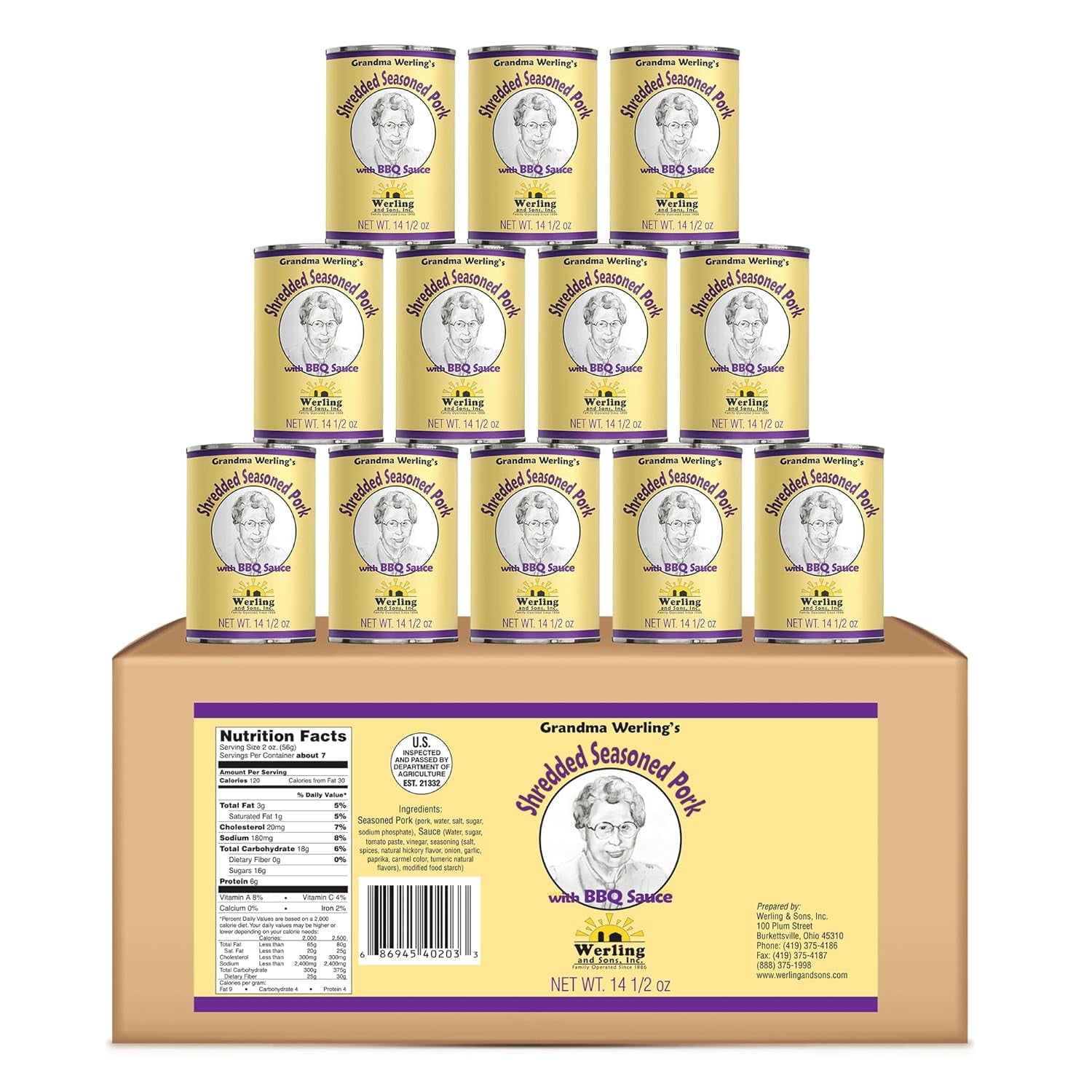 (Pack of 12) Grandma Werling’s Shredded Seasoned Pork with BBQ Sauce 14.5 Oz Fully Cooked Heat & Serve Premium Canned Meat Shelf Stable for Emergency Food Storage, Survival & Quick Meals Canned Food