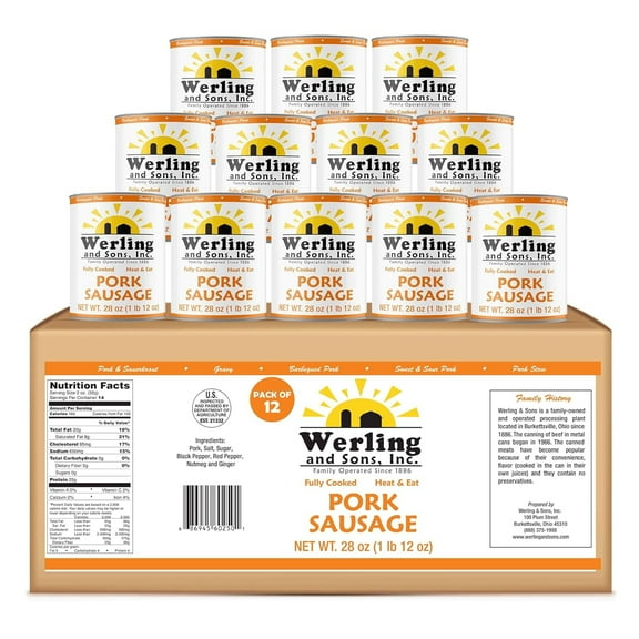 (Pack of 12) Werling & Sons Canned Heat & Eat Pork Sausage 28 Oz Fully Cooked Ready to Eat Canned Meat Long Shelf Life Great for Emergency Food Storage, Camping, Quick & Easy Meals Canned Food