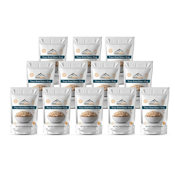 (Pack of 12) MOUNTAIN ESSENTIALS Freeze Dried Chicken Dices | Emergency Survival Bulk Food Storage Home Meals Hunting, Survival, Camping, Backpacking Food | 10 serving per Pouch