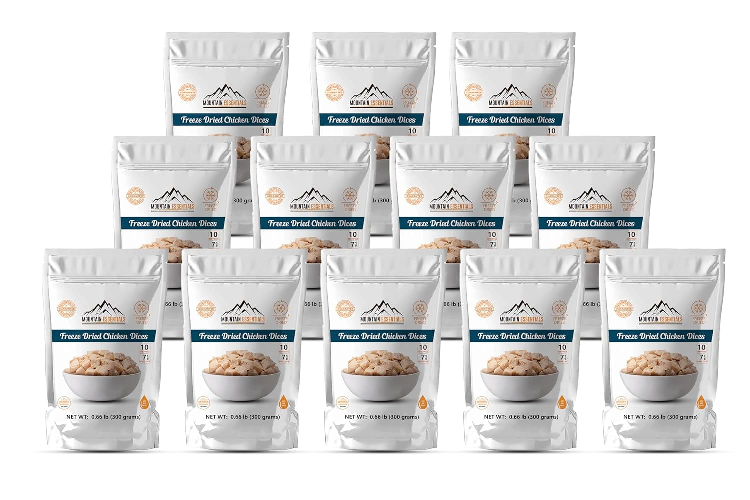 (Pack of 12) MOUNTAIN ESSENTIALS Freeze Dried Chicken Dices | Emergency Survival Bulk Food Storage Home Meals Hunting, Survival, Camping, Backpacking Food | 10 serving per Pouch