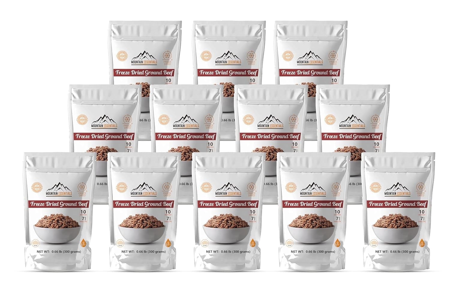Mountain Essentials Freeze-Dried Ground Beef – Pre-Cooked Ready-to-Eat Hamburger Meat for Meal Prep, Camping, Emergency Food – 10 Servings per Pouch – Pack of 12