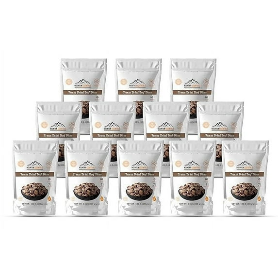 (Pack of 12) Mountain Essentials Freeze Dried Beef Dices Protein Packed Meal (300g Pouch)| Emergency Long Term Supply | Hiking, Backpacking & Camping | Easy Prep Survival Food