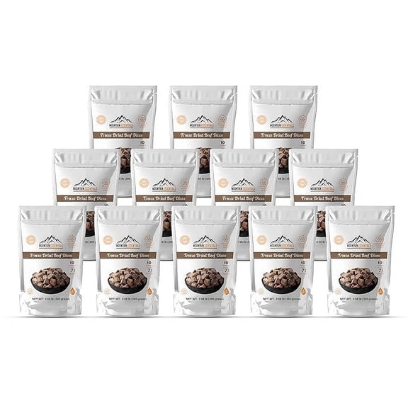 (Pack of 12) Mountain Essentials Freeze Dried Beef Dices Protein Packed Meal (300g Pouch)| Emergency Long Term Supply | Hiking, Backpacking & Camping | Easy Prep Survival Food