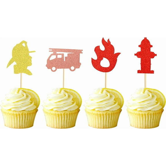 Pack of 12 Pre-Assembled Fireman Theme Cupcake Toppers Fire Truck Firefighter Fire Hydrants Flame Cupcake Picks for Baby Shower Kids Birthday Party Decoration