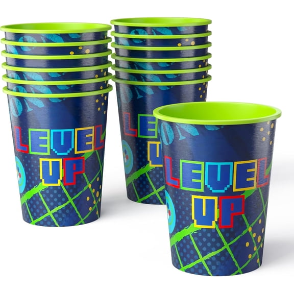 Pack of 12 Reusable 16 oz Plastic Cups Durable Party Cups for Kids, Stackable and BPA-Free Fun Level Up Gaming Theme Design for Birthdays, Parties, Summer & More
