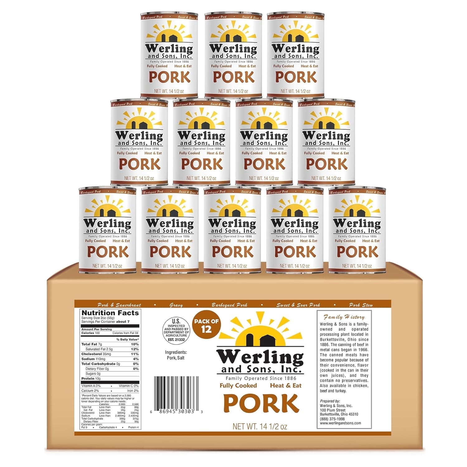 (Pack of 12) Werling & Sons Canned Pork 14.5 Oz Fully Cooked Ready to Eat Canned Meat Shelf Stable No Refrigeration Needed Perfect for Emergency Storage Camping Survival Canned Food