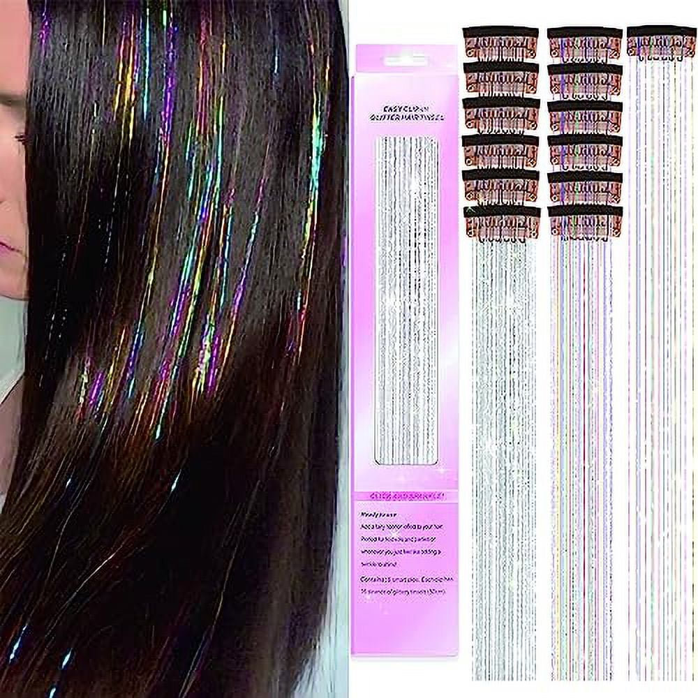 Pack of 12Pcs Clip in Hair Tinsel Kit, 20Inch Glitter Tinsel Hair