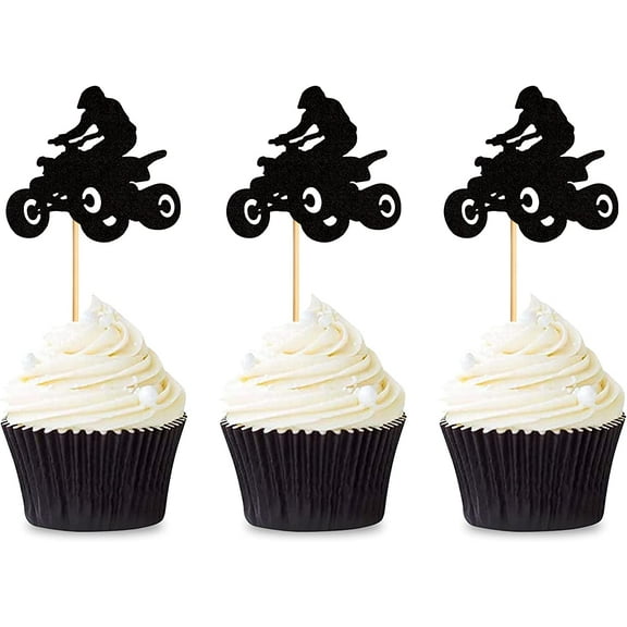 Pack of 12pcs Happy Birthday ATV Cupcake Topper, Black Flash Motorcycle Sport Theme Birthday Motocross Cake Picks, Fruit Picks Party Cake Decoration for Man or Boy, small