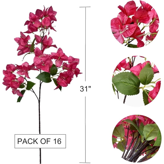 Pack of 16 Artificial Bougainvillea Flower Stems Silk Long Branches Full Blossoms for Home Wedding Table Centerpiece Shower Event Backdrop Indoor Outdoor Decorations Fuchsia