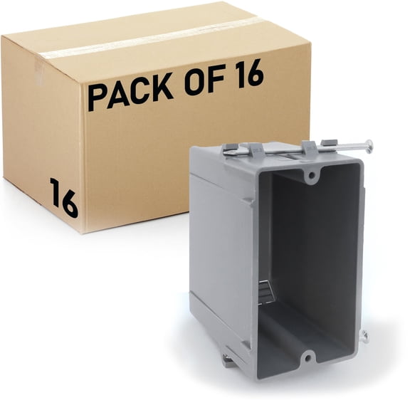 Pack of 16 Plastic Electrical Box, Grey Outlet Box, Single Gang New Work Junction Box, Captive Nails, 20 cu. Inches, Length 3-5/8'', Width 2-1/8'', Depth 3-1/4''