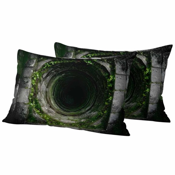 Pack of 2 3D Optical Illusion Outdoor Pillow Covers Decorative, Waterproof Pillow Protector, Visual Trap Looks Like Holes Green Grey Lumbar Throw Pillowcases for Patio Couch Sofa Home Decor 20"x12"