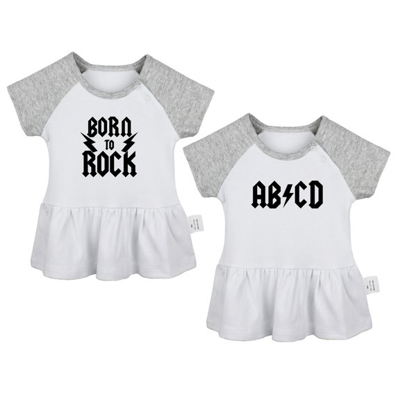 Pack of 2, AB CD & Born To Rock Funny Dresses For Baby, Newborn Babies Skirts, Infant Princess Dress, Toddler Frocks (Gray Raglan Dresses, 6-12 Months)